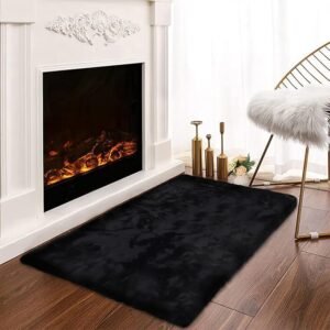 Latepis Small Black Throw Rug Faux Rabbit Fur Rug
