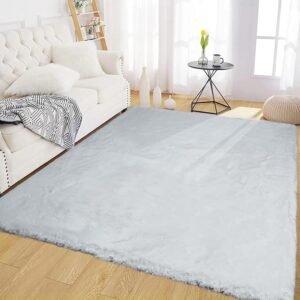 Latepis Grey Fluffy Rug 4x6 Gray Rugs for Bedroom Faux Rabbit Fur Rug