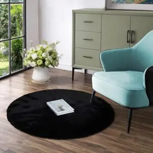 Latepis Black Round Rug 3ft Circle Rug Fluffy Faux Rabbit